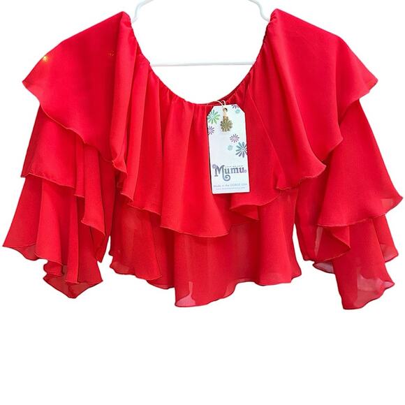 NWT Show Me Your MuMu Copacabana Crop Top in Red Chiffon Size Medium Retail $138 - Picture 4 of 6